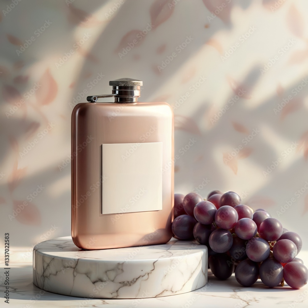 Rose gold hip flask. Elegant rose gold hip flask with blank label on marble platform with red grapes, illuminated by soft light with leaf shadows.