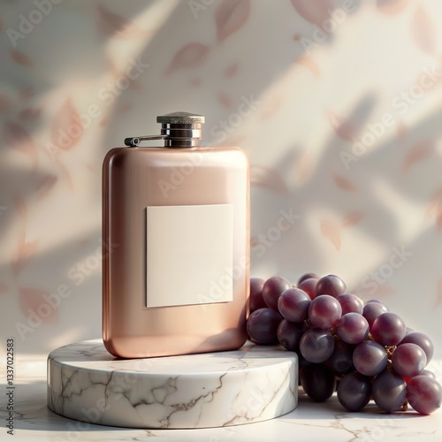 Obraz na płótnie Rose gold hip flask. Elegant rose gold hip flask with blank label on marble platform with red grapes, illuminated by soft light with leaf shadows. w salonie