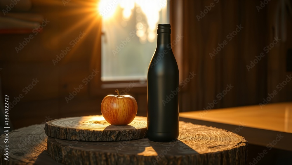 Rustic still life. Black bottle and orange apple on wooden tree stumps with warm golden sunlight streaming through window in cozy wooden interior.