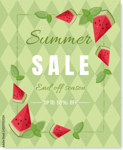 Summer sale, end off season, triangular shaped watermelon slices, mint leaves