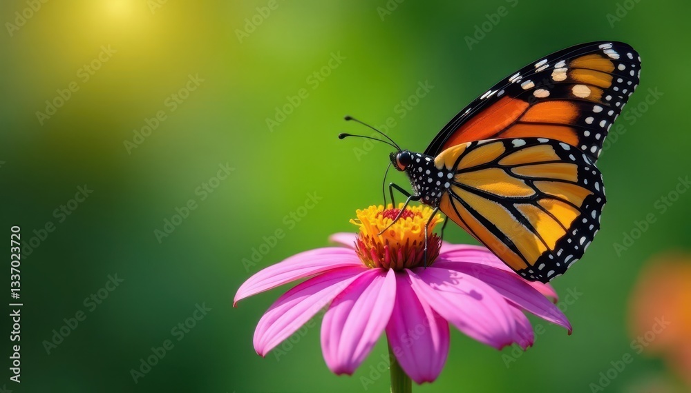 Fototapeta premium Monarch butterfly on vibrant purple coneflower, insect, beauty