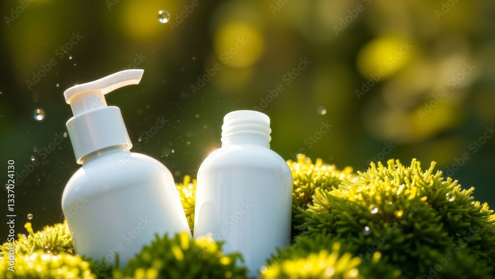 Spray bottles outdoors. Two white spray bottles with water droplets in a blurry green outdoor setting with sun flares.