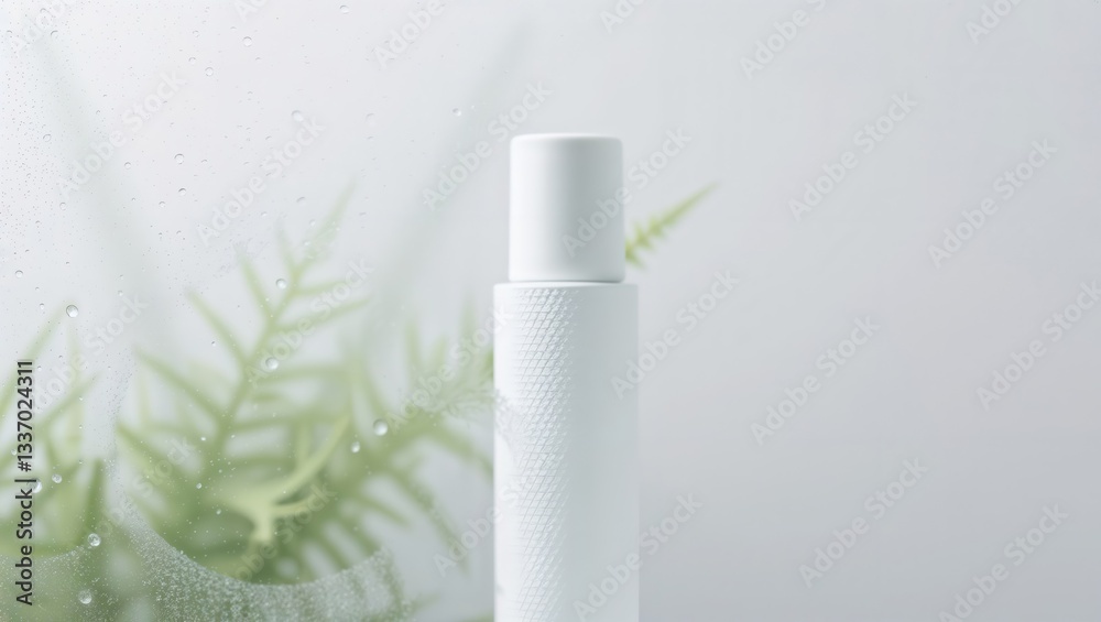 Minimalist cosmetic bottle. White cosmetic bottle with fern leaf and water droplets on glass in minimalist style.
