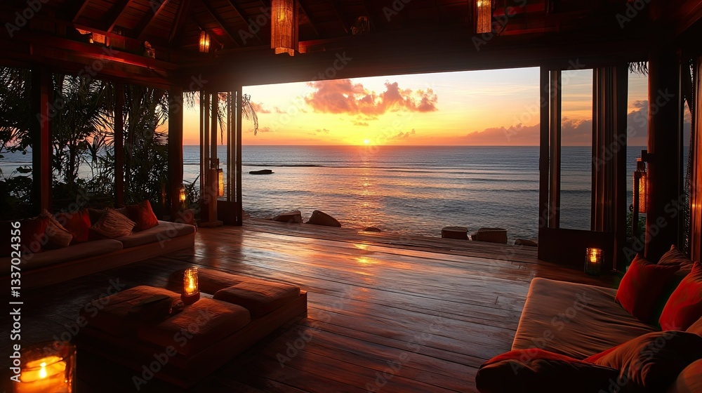 A lavish villa with floor-to-ceiling windows offers a panoramic ocean view at sunrise.