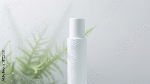 Obraz na płótnie Minimalist cosmetic bottle. White cosmetic bottle with fern leaf and water droplets on glass in minimalist style. w salonie