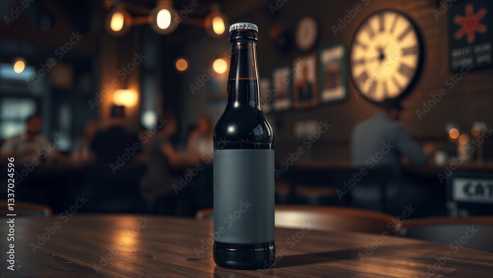 Beer bottle in bar. Dark beer bottle with blank label standing on a wooden table in a blurred bar interior.