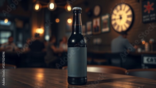 Obraz na płótnie Beer bottle in bar. Dark beer bottle with blank label standing on a wooden table in a blurred bar interior. w salonie