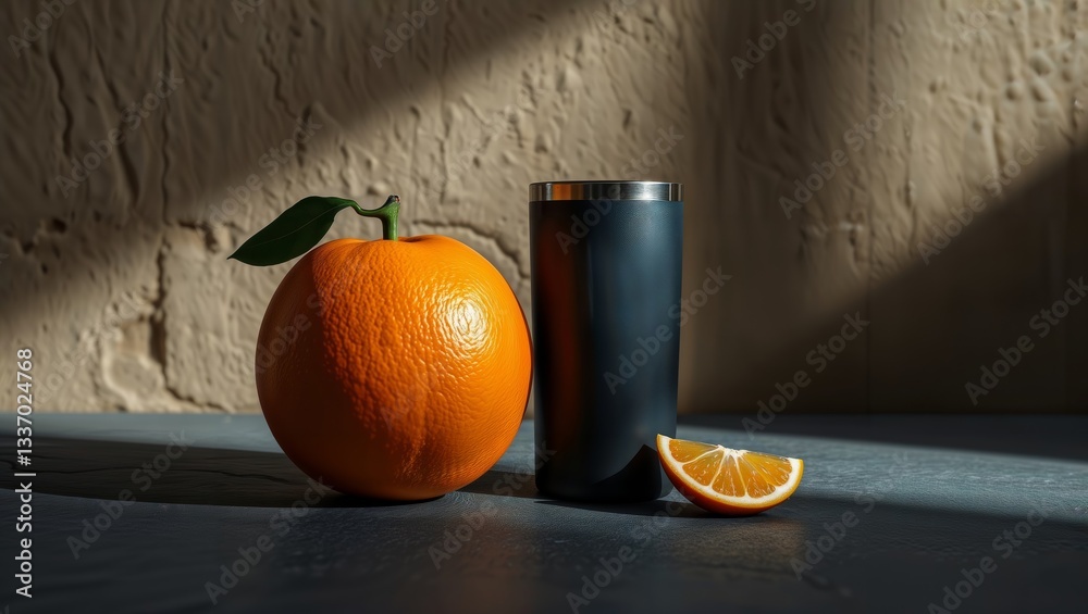 Orange and reusable tumbler. Fresh orange with leaf and a metal reusable tumbler on a textured surface in bright sunlight.