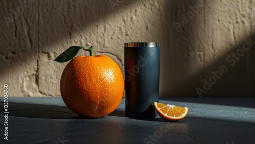 Obraz na płótnie Orange and reusable tumbler. Fresh orange with leaf and a metal reusable tumbler on a textured surface in bright sunlight. w salonie