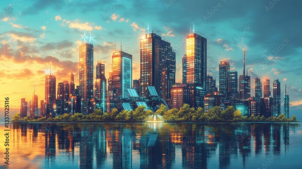 Fototapeta premium Sleek metropolis with renewable energy, cyberpunk aesthetics, and digitalized skyline, digital art