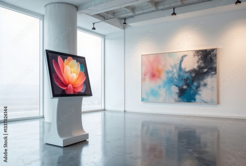 Art gallery display. Description. Digital art on display next to a painting in a modern art gallery with bright light.