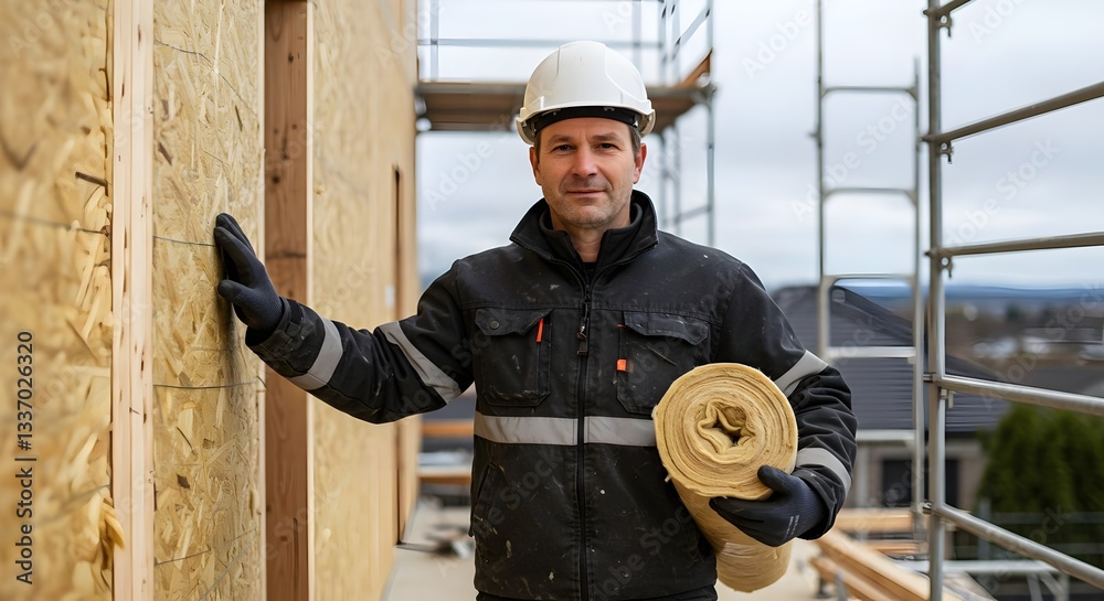 Installer Working on Exterior Wall Insulation for Energy Efficiency (Industry) Installer Working on Exterior Wall Insulation for Energy Efficiency (Industry)