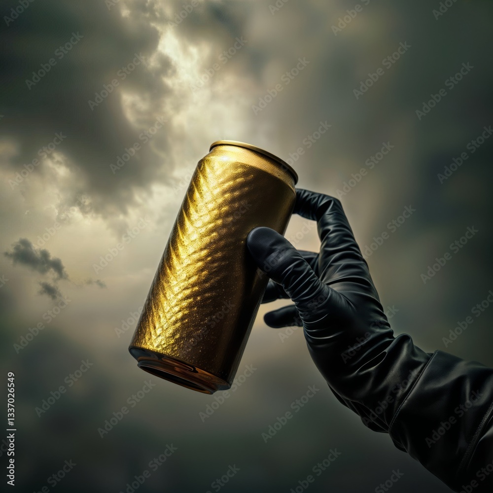 Golden beer can. Dramatic image of a gold-colored beer can held by a hand wearing a black leather glove against a cloudy sky background.