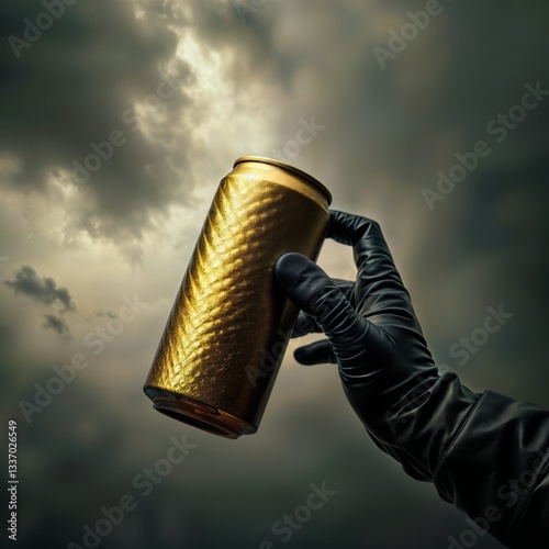 Obraz na płótnie Golden beer can. Dramatic image of a gold-colored beer can held by a hand wearing a black leather glove against a cloudy sky background. w salonie