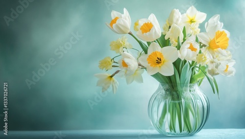 Wallpaper Mural Spring bouquet in glass vase.  Soft lighting, delicate flowers, a serene display Torontodigital.ca
