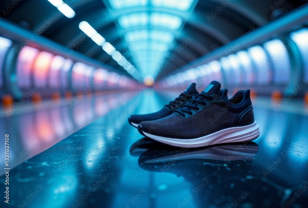 Athletic sneaker. Black running shoe with white sole displayed in a futuristic tunnel with blue lighting and reflective floor creating dramatic perspective.
