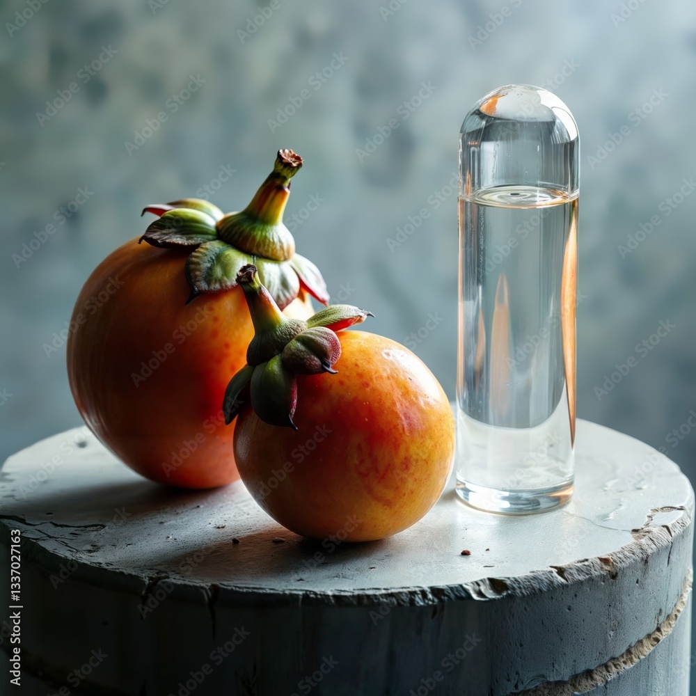Persimmons and water. Elegant still life with two ripe persimmons and a clear glass container of water on a stone surface against a blurred teal background.