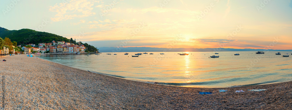 beautiful sipar gravel beach at Moscenicka Draga, sunrise scenery, croatia