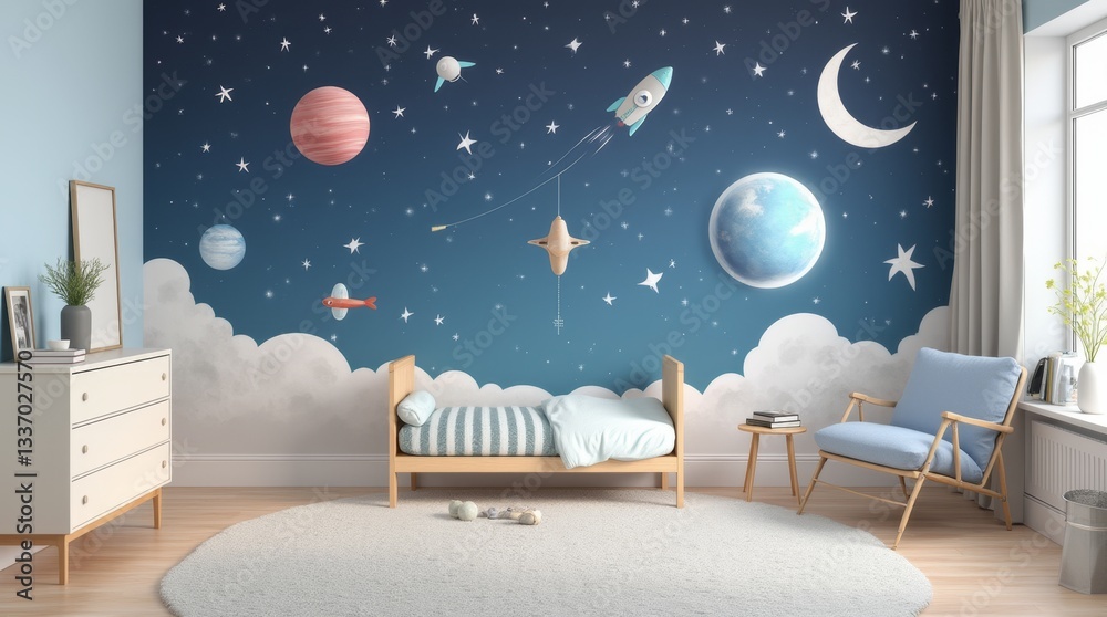 custom made wallpaper toronto digitalSerene children's bedroom with light wooden bed featuring celestial wall mural with planets, rockets, stars, and moon. Cloud design along bottom creates floating effect with blue accents.