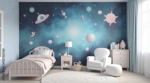 A child's bedroom with a whimsical cosmic-themed wall mural featuring pastel planets, butterflies, and spaceships.