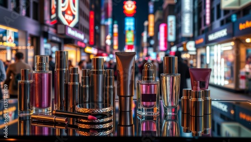 Obraz na płótnie Cosmetic Products City Night. Assortment of cosmetic products displayed against a vibrant, blurred city street at night with neon lights, creating a glamorous urban scene. w salonie