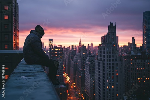 A hooded figure sits atop a tall building overlooking a city