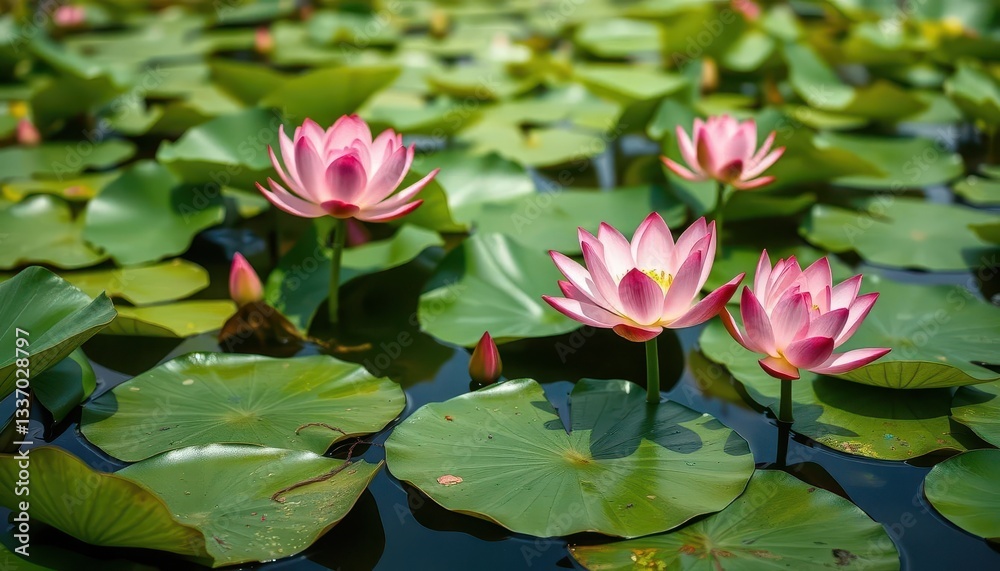 Pink lotus flower blossoms in serene pond, green pads floating, lotus flower, lake Pink lotus flower blossoms in serene pond, green pads floating, lotus flower, lake