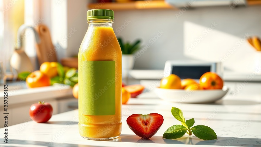 Fresh Orange Juice Breakfast. Bottle of vibrant orange juice with fresh strawberries and orange slices on a bright kitchen counter, perfect for a healthy breakfast scene.