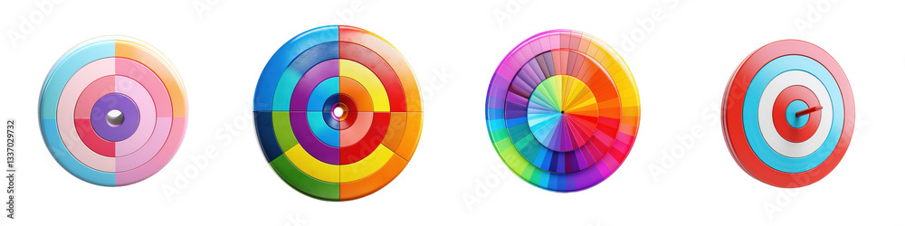 Obraz premium Colorful bullseye targets arrayed on white background, visual elements and options for design isolated on white or transparent