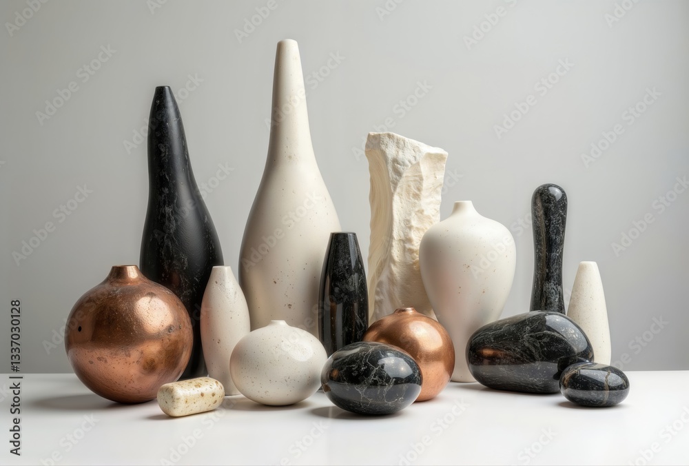 Decorative stone vases still life. Collection of decorative vases and objects made of stone and marble in a studio setting against a gray background.