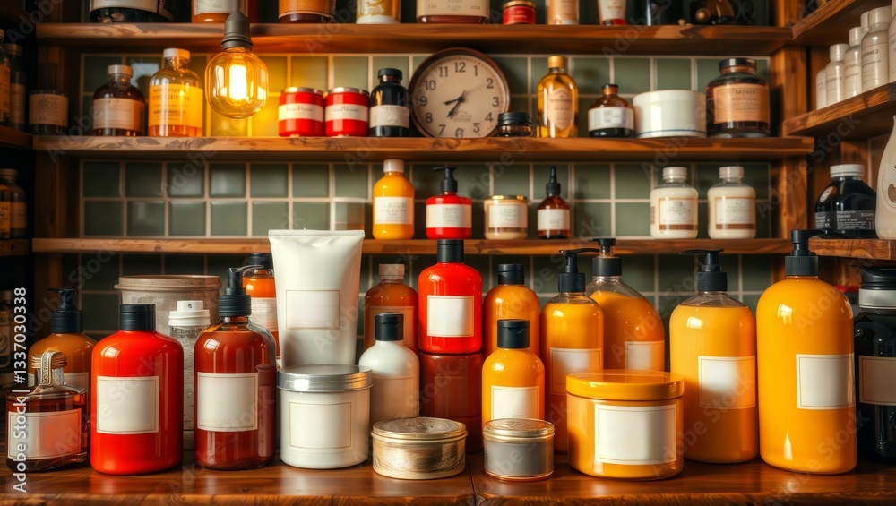Variety of products on shelves. Different bottles and containers with liquids and dry goods are displayed on wooden shelves with a clock.