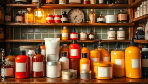 Obraz na płótnie Variety of products on shelves. Different bottles and containers with liquids and dry goods are displayed on wooden shelves with a clock. w salonie