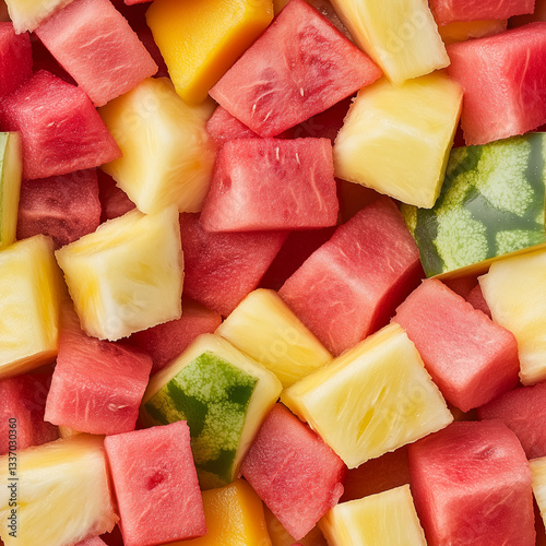 Seamless pattern of assorted tropical fruit slices with watermelon, pineapple, and kiwi in vibrant fresh colors