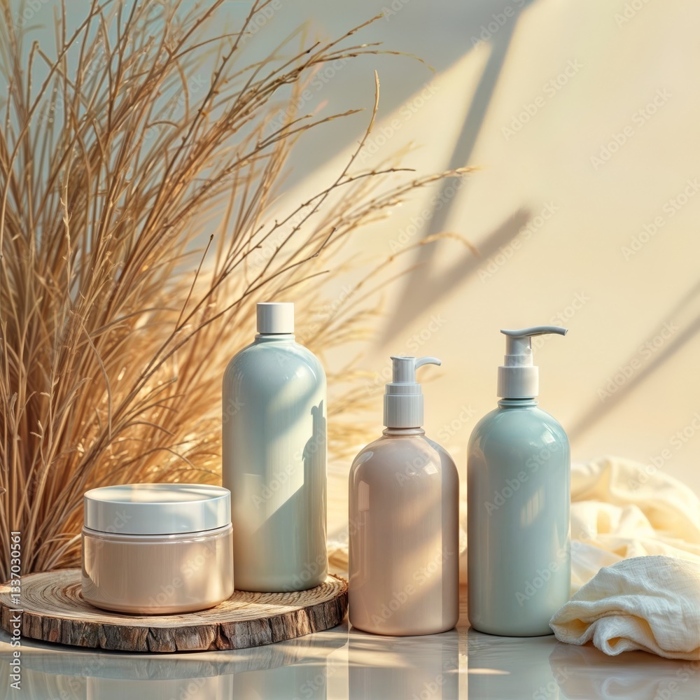 Beige and blue cosmetic bottles. Set of beige and blue cosmetic bottles and jar on a wooden stand with dry grass in the background, studio shot.