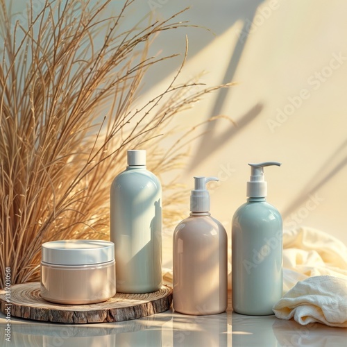 Obraz na płótnie Beige and blue cosmetic bottles. Set of beige and blue cosmetic bottles and jar on a wooden stand with dry grass in the background, studio shot. w salonie