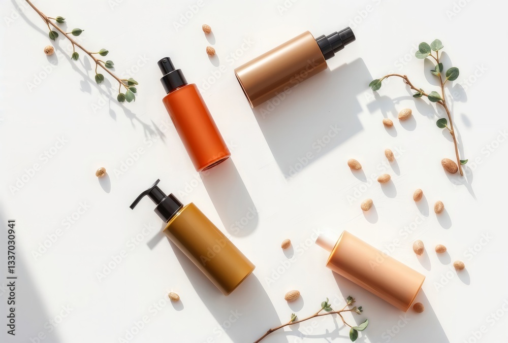 Cosmetic bottles and almonds flat lay. Top view of colorful cosmetic bottles, almonds and green twigs arranged on a white surface in a flat lay style.