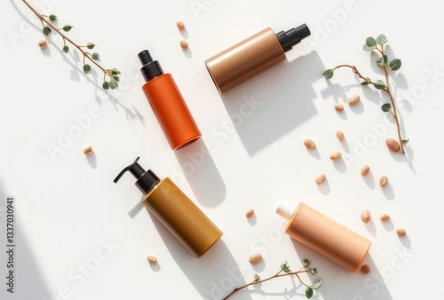 Obraz na płótnie Cosmetic bottles and almonds flat lay. Top view of colorful cosmetic bottles, almonds and green twigs arranged on a white surface in a flat lay style. w salonie