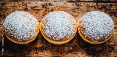 Delicious powdered sugar-topped Krapfen trio on rustic wooden backdrop, isolated