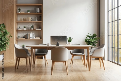 White wall in a modern office interior furniture computer wooden.