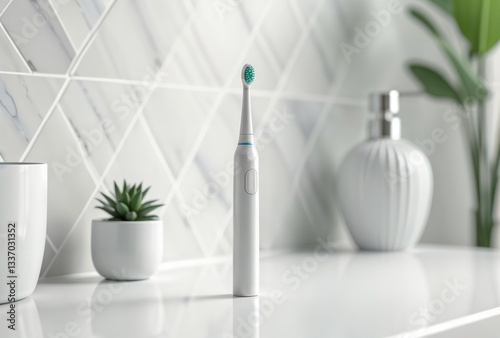 Electric toothbrush bathroom set. White electric toothbrush standing upright on a bathroom counter with a glass and decorative bottle in background.