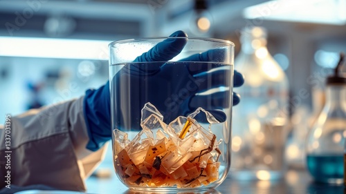 Obraz na płótnie Lab experiment with organic matter. Hand in glove holds beaker with plant material in water for scientific research. w salonie