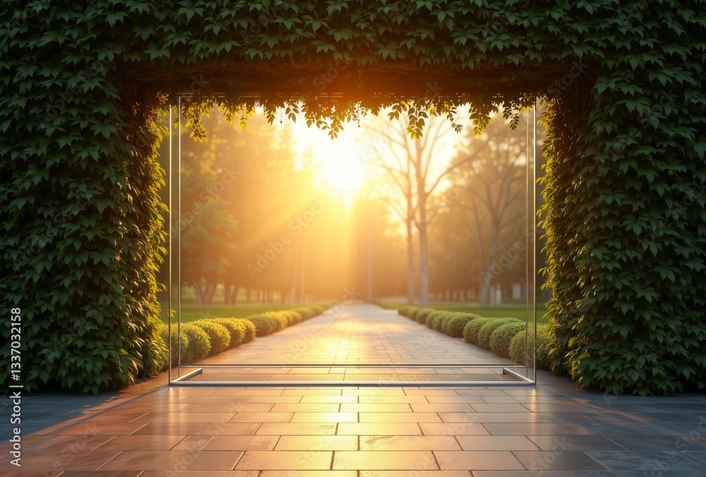Green archway at sunset. Sunlight shines through a leafy archway onto a path in a peaceful park setting.