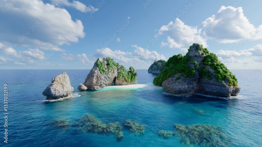 Tropical islands emerging from the ocean under a cloudy sky Tropical islands emerging from the ocean under a cloudy sky