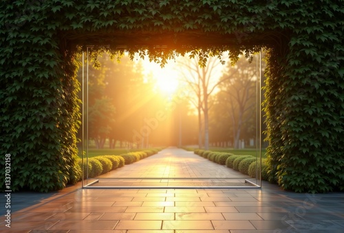 Obraz na płótnie Green archway at sunset. Sunlight shines through a leafy archway onto a path in a peaceful park setting. w salonie