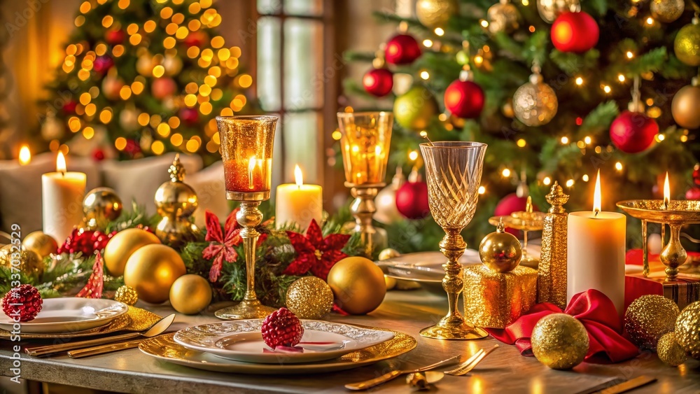 Elegant Christmas Table Setting with Gold Accents & Deep Depth of Field Elegant Christmas Table Setting with Gold Accents & Deep Depth of Field