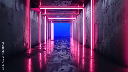 Neon tunnel with vibrant pink and blue lights.  A long corridor with illuminated walls and reflecting floor