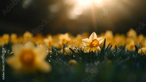 Sunlit field of yellow flowers, one in focus