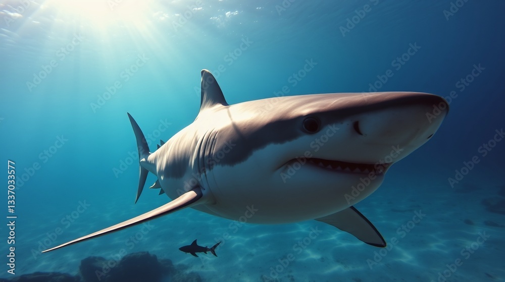 Fototapeta premium Graceful Shark Swimming in Clear Ocean Waters with Sunlight Beaming Through