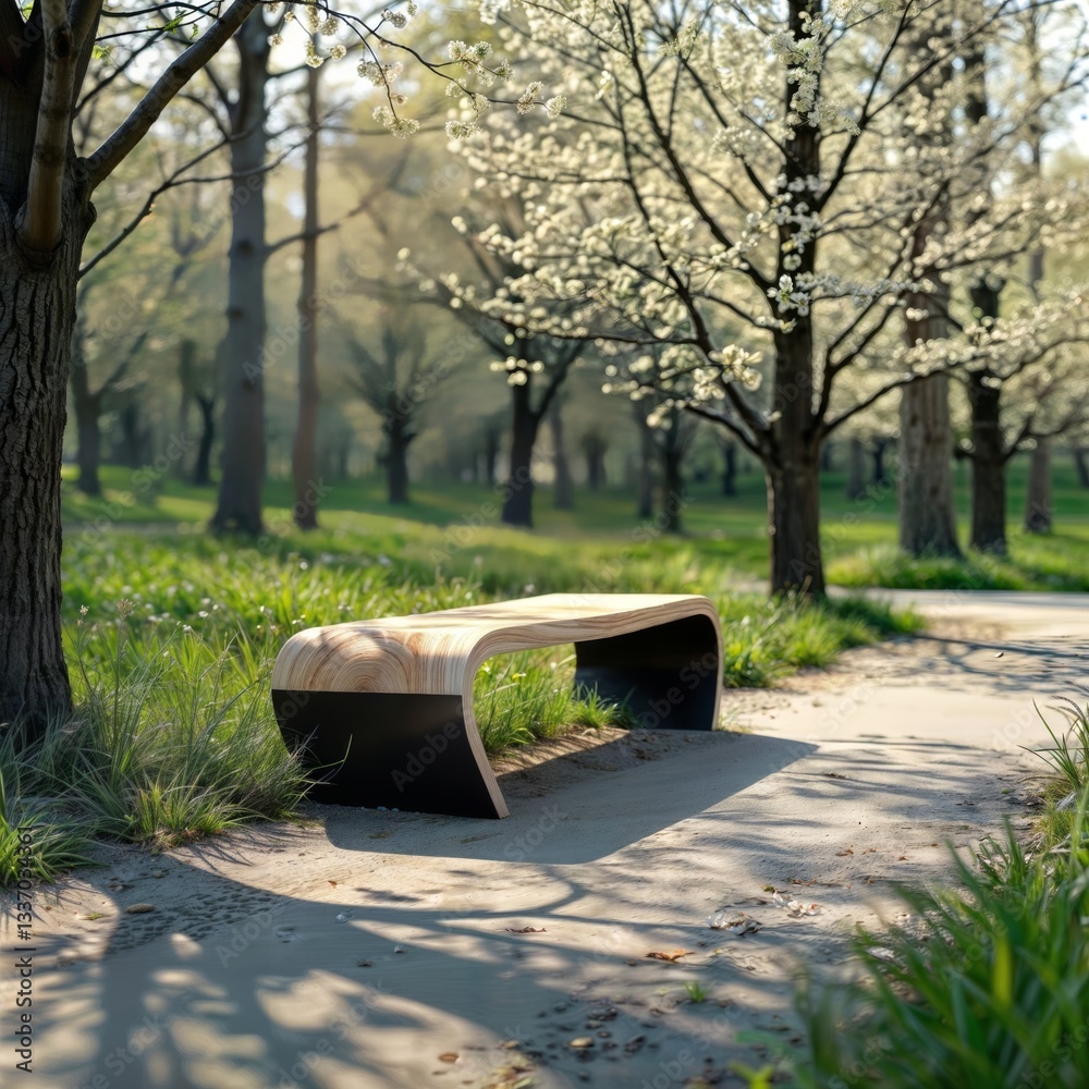 Wooden bench in park. Empty wooden bench in a peaceful park setting with blossoming trees and green grass.