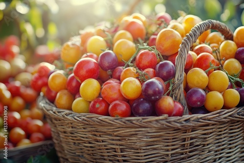 A wicker basket brimming with colorful cherry tomatoes of various sizes and hues, bathed in sunlight. photo